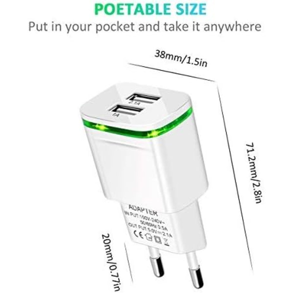 USB power , 2-pakkaus 2.1A 5V 2-porttinen universal LED - valaisin iPhone 11 XR X XS Max 8 7 6 6S Plus 5S, Samsung Galaxy/Note.