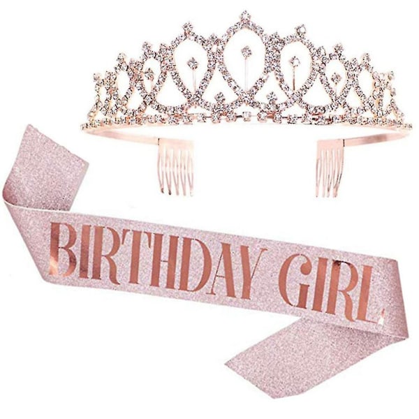 Kvinder Pige Tillykke med fødselsdagen Tilbehør Skulder Sash Crystal Crown Party Pandebånd Sæt One Size Rose Gold GIRL