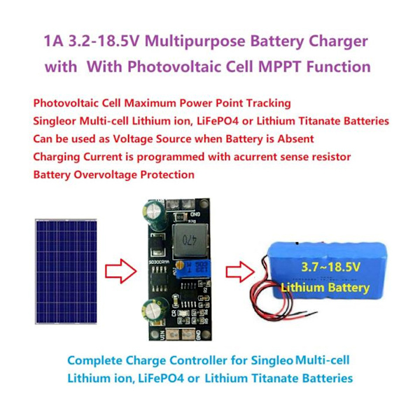 1A 12V MPPT Solcellepanel Kontroller Li Ion LiFePO4 Litium Batterilader Modul