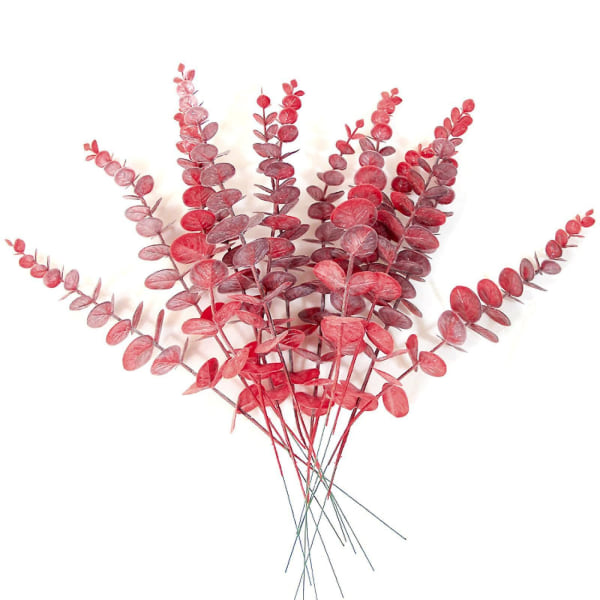 20 st Eukalyptusblad konstgjorda blommor Höstdekorationsväxter för bröllopsblomsterarrangemang Red