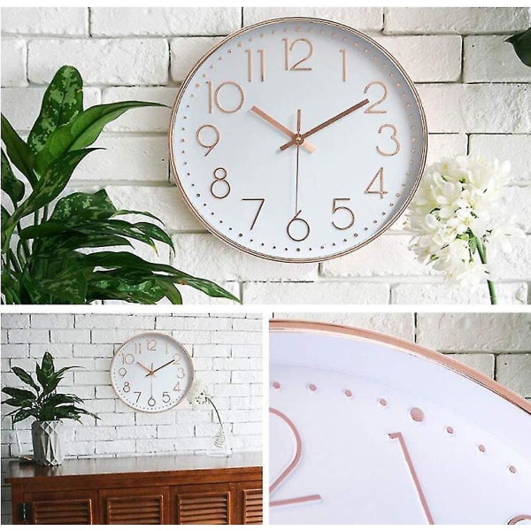 Köksklocka Tyst väggklocka Quartz Batteridriven rund Modern heminredningsklocka för kontorshem, 12 tum White Rose Gold