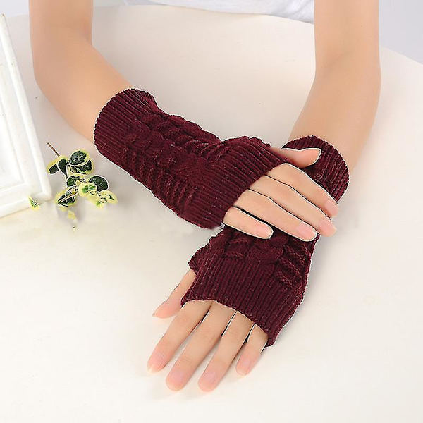 Kvinnor Vinter Fingerless Half Finger Handskar Sticka Handled Arm Varma vantar Wine Red