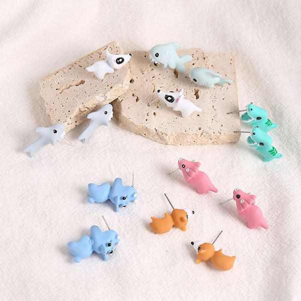 6 Pairscute Animal Bite Øreringe 3d Clay øreringe Dinosaur øreringe