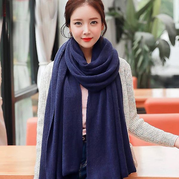 Kvinders varmt sjal Vinter varmt stort tørklæde Pure Color Cashmere Navy