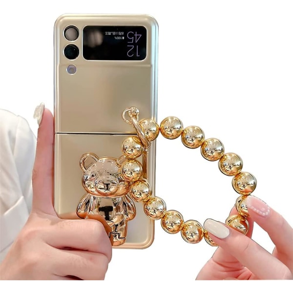 Yhteensopiva Samsung Galaxy Z Flip 3 5g Fodral Med Pärlkedja Söt Bear Stand Hållare Modeplätering Silikonfodral För Z Flip3 - Guld