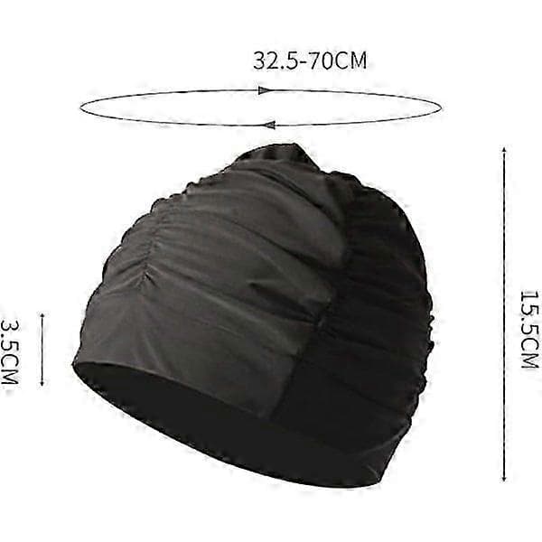 Plisserad badmössa för kvinnor, långt hår, elastisk badmössa, strandsurfing, duschmössa (svart)