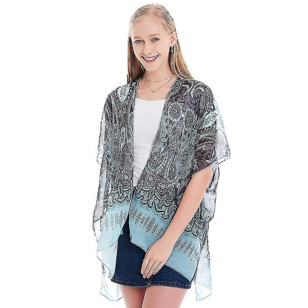 Kvinder Boho Chiffion tørklæde tørklæder Soft Wrap Sjal Stole Kortærmet Bluse Top Light Green