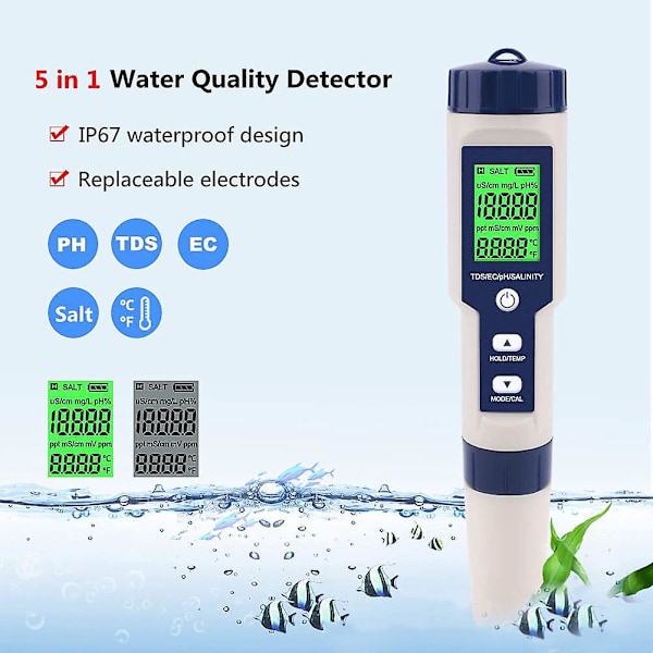 Vattentestare, bärbar 5-i-1 funktion Vattentestare Digital PH/Salthalt/Temperature/TDS/EC-mätare för trädgårdslabb