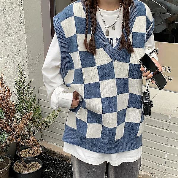 Studenttröja dam Rutig ärmlös tröja V-ringad Par College Casual Trikå Ytterkläder Topp Rutiga västar XXL blåväst XXL blue-vest
