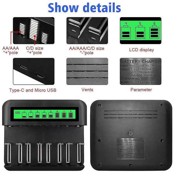Lcd Universal Battery Charger - 8 Bay Aa /aaa /c /d Battery Charger For Rechargeable Batteries With 2a Usb Port, Type C Input, Fast Aa /aaa Battery Ch