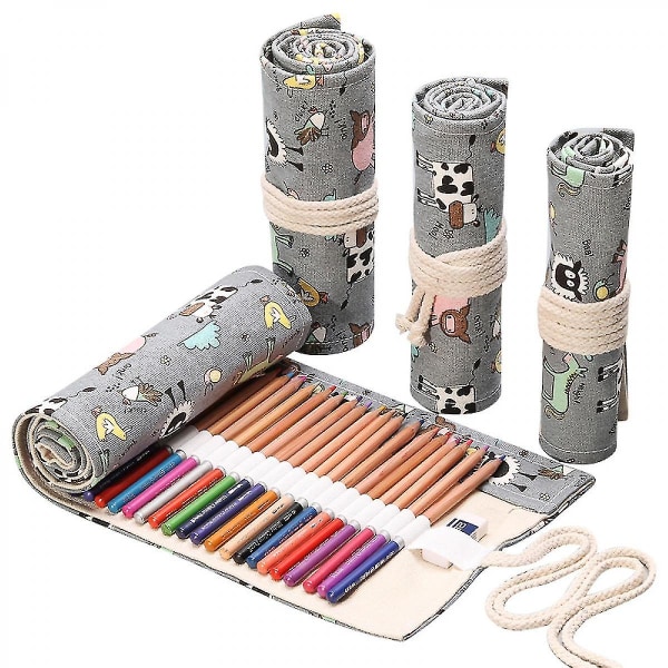 Handgjord canvas penngardin 72 hål case med stor kapacitet för pojkar och flickor Färg blyskiss brevpapperslåda