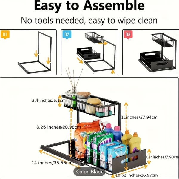 【BQ】2-Tier Under Sink Organizer Heavy Duty Metal Pull Out Cabinet Shelf White Space Saving Bl Black 1 Pack