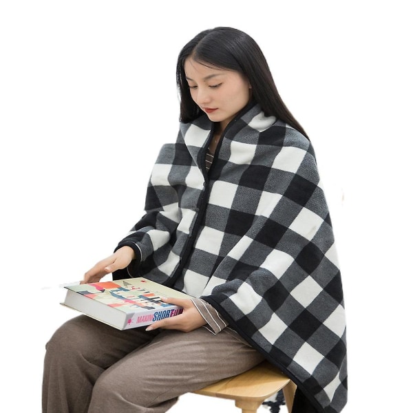 Dobbelt-lags Lazy Shawl Tæppe Fugtabsorption Opvarmning Varmt Tæppe Kontor Hjem Fritid Multi-purpose Nap Enkelt tæppe Black and white grid 100x140cm