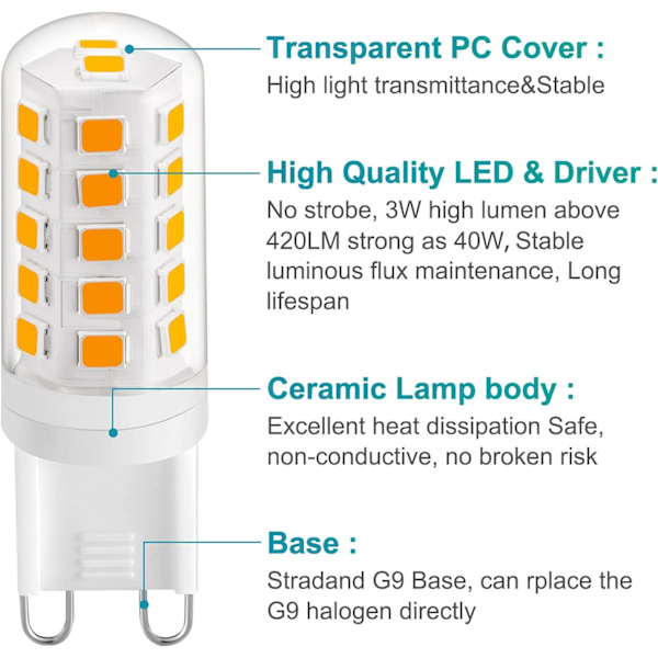 G9 LEDlampa 3W Varmvit 2700K,LEDlampor 420LM, 5kpl