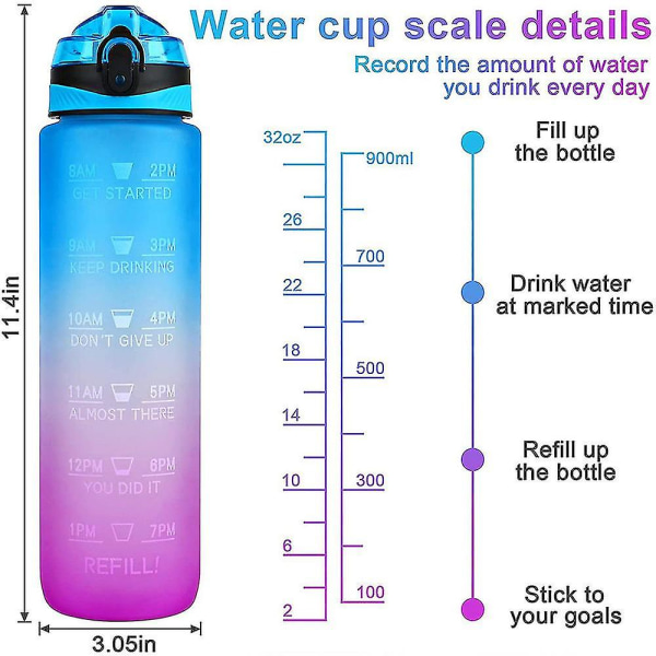 1l Bærbar Vandflaske med stor Kapacitet Motivationsdrikkolbe Med Tidsmarkering Bpa Gratis Sports Gym green purple