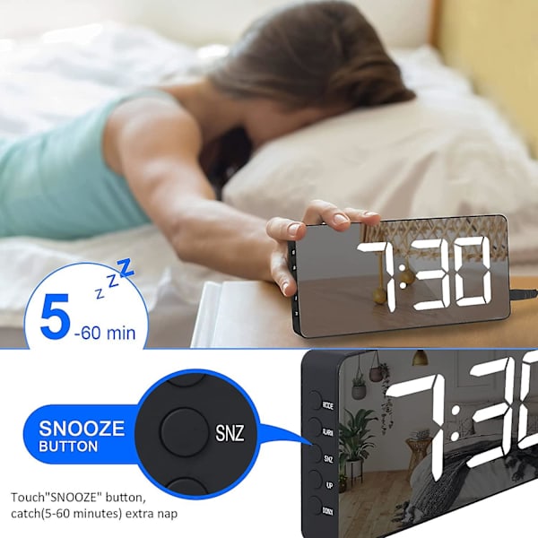 ny stil Digital Alarm Clock Large Mirrored Led Clock Snooze Function Dimming Mode Beside Clock For Bedroom Decor -black