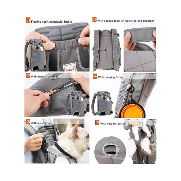 Pet Dog Carrier Ryggsäck Justerbar hund främre bärare, ben ut Lättpassad hund, stöd upp till 12 kg grey