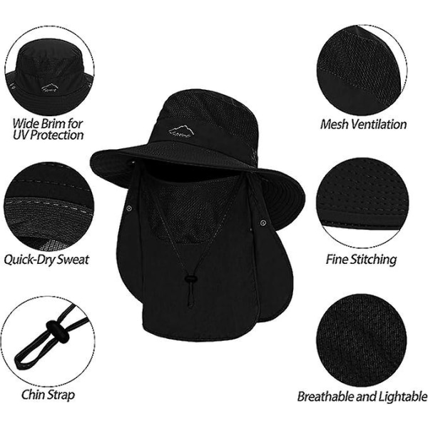 Fiskehat til mænd og kvinder, udendørs Uv-solbeskyttelse Bred skygget hat med ansigtsdæksel & nakkeklap dark gray