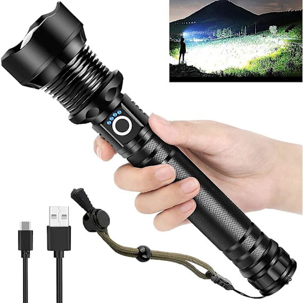 Rechargeable Led Flashlights, 90000 High Lumens Super Bright Flashlight, Tactical Xhp90 Flashlight With 5 Modes, Zoomable, Military Grade Waterproof F