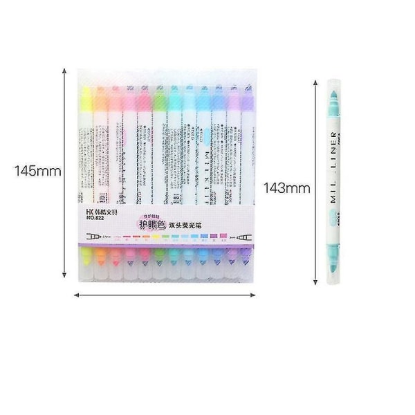 12 Light Color Highlight Penna Dubbelsidig Highlighter Pen Ritverktyg
