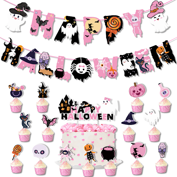 2024 Nye Halloweenfestdekorasjoner Barnas Rosa Søte Halloween Trekkflagg Kaketopper 2 stk ZS-02