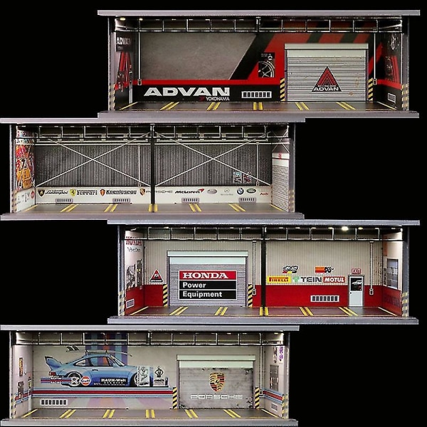 Hhcx Diorama 1:64 Model Bil Garage Led-belysning Usb-stik Pakning Slot Display Køretøjsstation Porsche