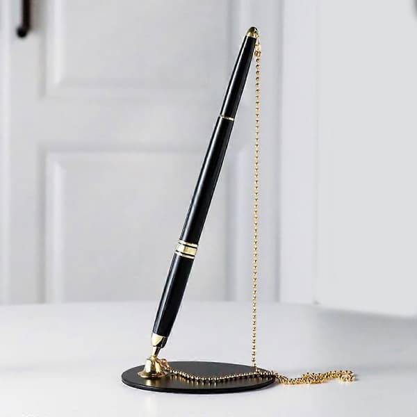 【BQ】Classic Metal Ballpoint Pen with Secure Chain, Attached Base Stand for Desk, Office, Counter Silver