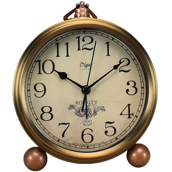 Metall gyllene bordsklocka, retro vintage icke-tickande liten väckarklocka, batteridriven Silent Quartz Movement Hd-glasbordsklocka (arabiska)