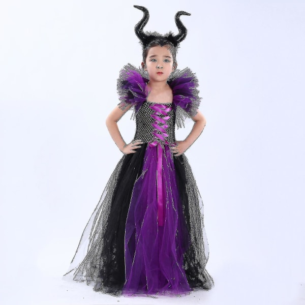 Den nya Barn Black Devil Costume Flickor Fancy Kostym För Klänning Med Fjädersjal Royal Maleficent Klänning Halloween Svartlila V1_s Hög kvalitet 10-12 Years
