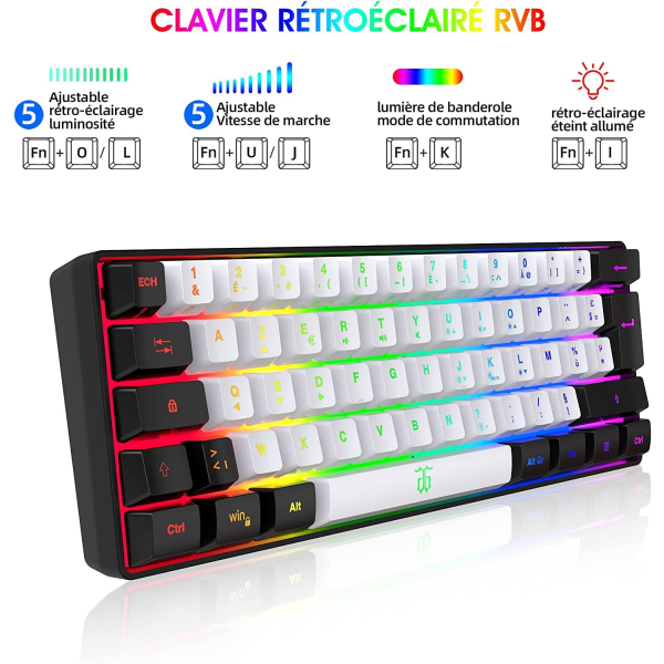 Gaming-tastatur 60 % QWERTY svart/hvitt RGB-bakgrunnsbelyst, 61-tasters spilltastatur