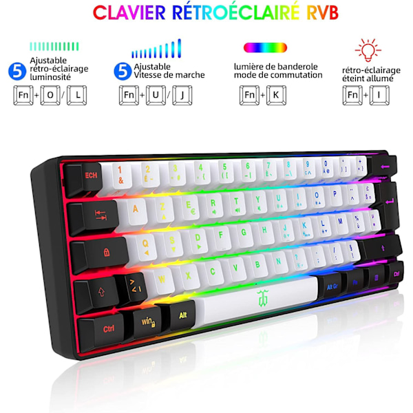 Pelinäppäimistö 60 % QWERTY musta/valkoinen langallinen RGB-taustavalaistu, 61 näppäimen pelinäppäimistö