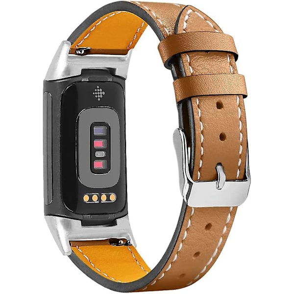 Lærremmer som er kompatible med Fitbit Charge 5, erstatningsstropper i ekte skinn for kvinner, menn Coffee