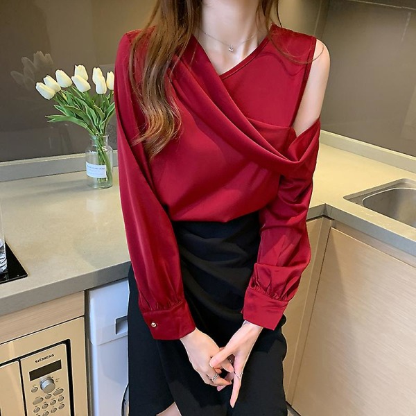 V-hals Slank Kvinder Off-Soulder Langærmet Chiffon Bluse Autumn Elegant Satin Skjorte Solid Ol Toppe Red XL