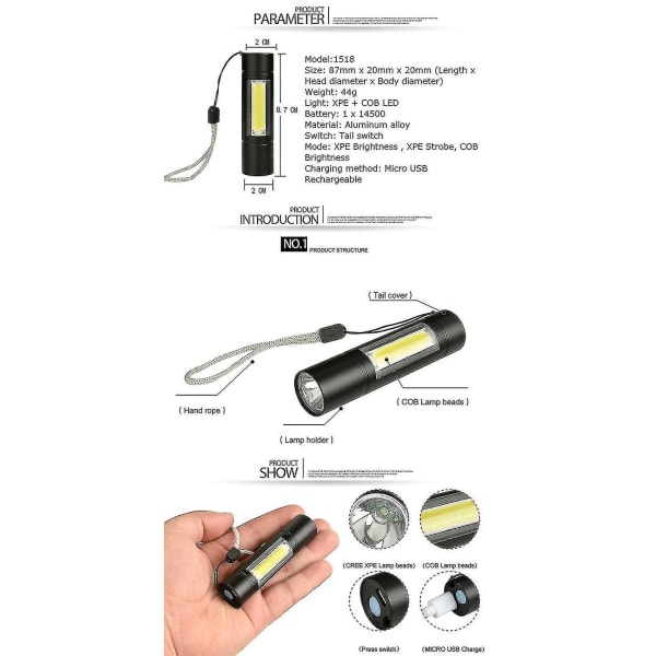 Hhcx-xanes 1518 Xpe+cob 2lights 1000lumens 3modes Usb Rechargeable Brightness Edc Led Flashlight Suit