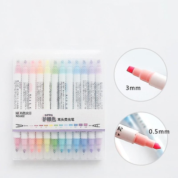 12 Light Color Highlight Penna Dubbelsidig Highlighter Pen Ritverktyg