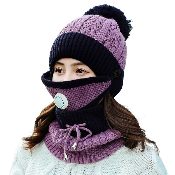 Vinterskjerfmaskesett med pusteventil fortykket strikket lue Purple