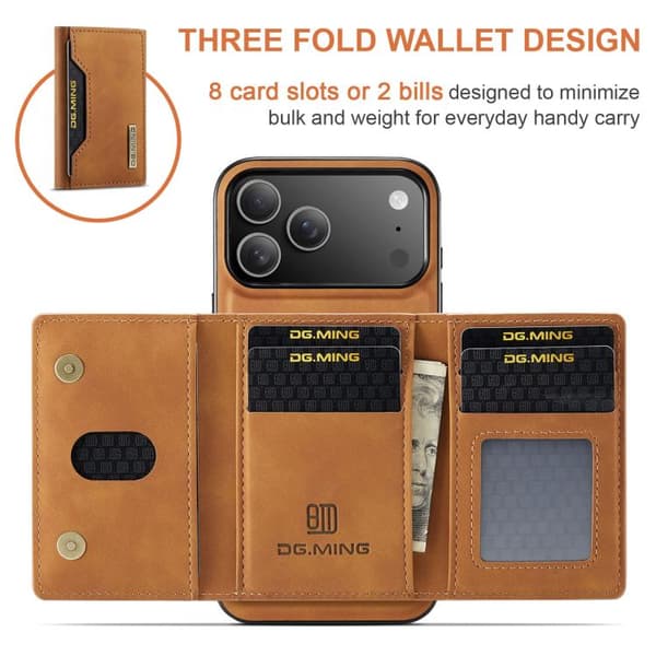 【BQ】iPhone 17 Pro Max Case Leather Wallet DG.MING M2 Series 3-Fold Card Bag Brun