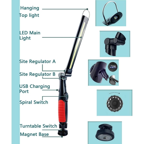 COB arbejdslys, genopladeligt foldbart LED-lommelygte inspektionslys
