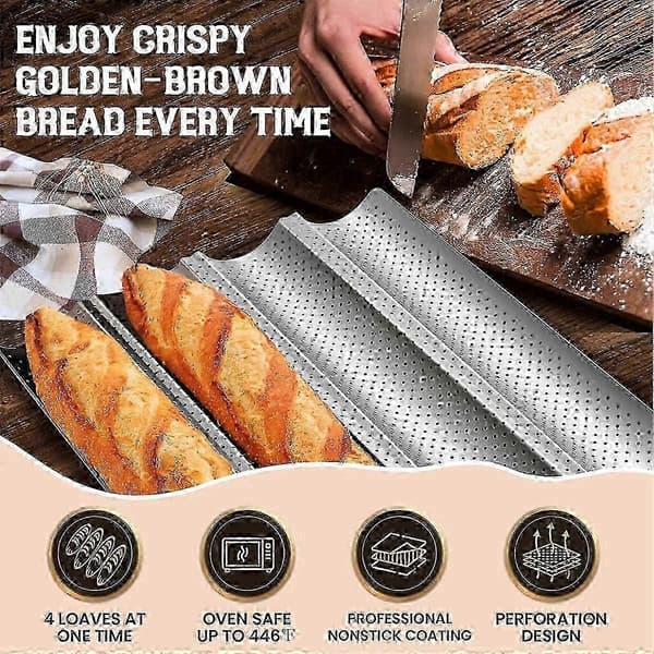 【BQ】2026 Egnet brødform, non-stick perforeret form til bagning af franskbrød, bageplade til 4 brød til surdej