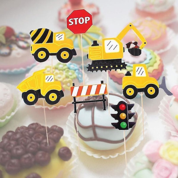 28st bilgrävmaskin Modell Cake Toppers Tecknad Cupcake Dekoration Tårtval Frukt Toppers För födelsedagsfest Baby Shower Blandat mönster