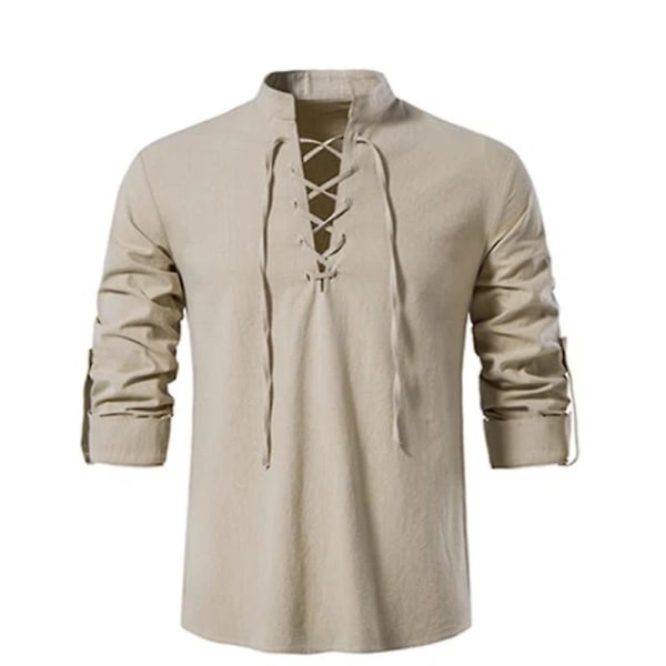 Ny skjorta med v-ringad herr T-shirt Mode vintage tunn långärmad topp för män Casual Andas Viking Front Lace Up Man Skjortor XL KHAKI XL KHAKI