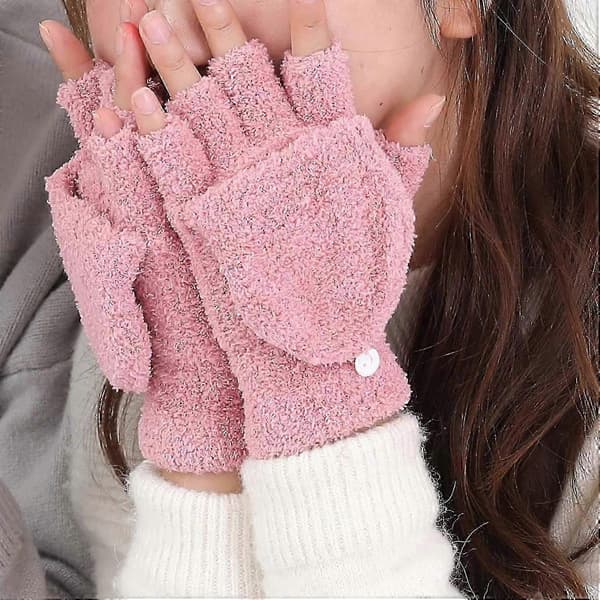 Damehansker med halvfinger, myke, varme vinterhansker med lodne, elastiske flip-hansker Black One Size