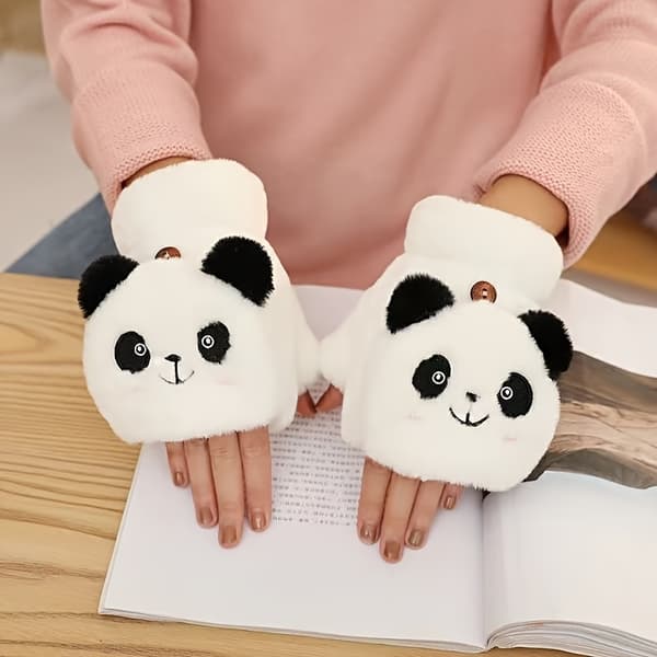 【BQ】Panda-tema Plysj Vinterhandsker - Konvertible Strikkede Flip Top, Spandex og Polyester Sort Black 2