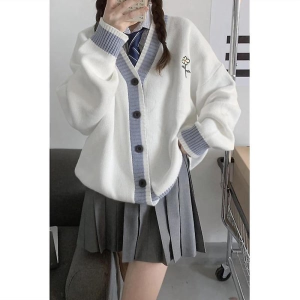 Deeptown Kawaii White Oversize Sweater Cardigan Dam Korean Style Harajuku Preppy Fashion V-ringad Jumper Pullover Dam Toppar XL