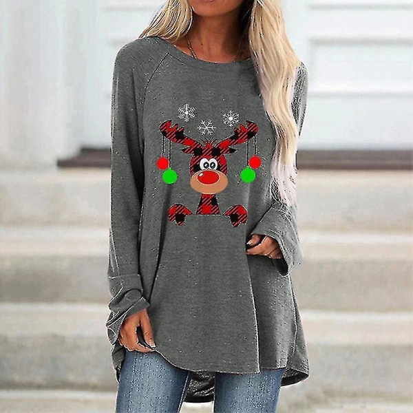 Hhcx-christmas Xmas Reindeer Print Women T-shirt Blouse Longline Top Grey 3XL