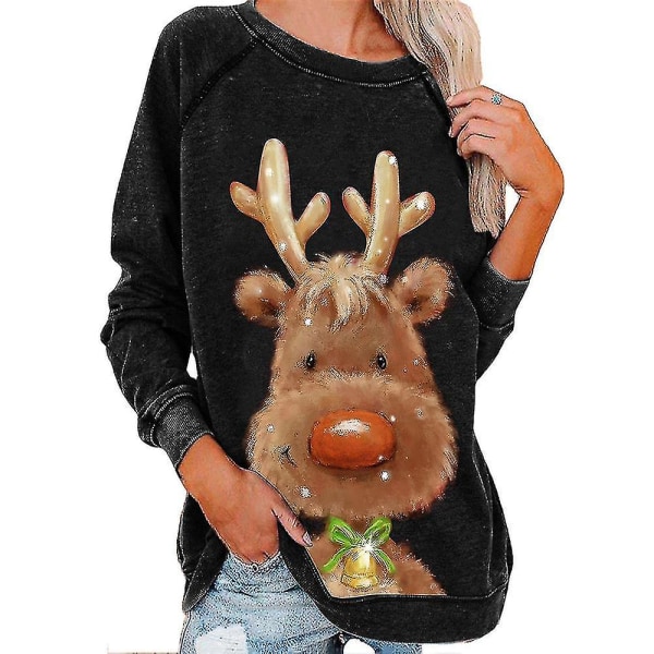 Hhcx-christmas Tunic Women Long Sleeve T-shirt Xmas Elk Printed Blouse Tops Black S