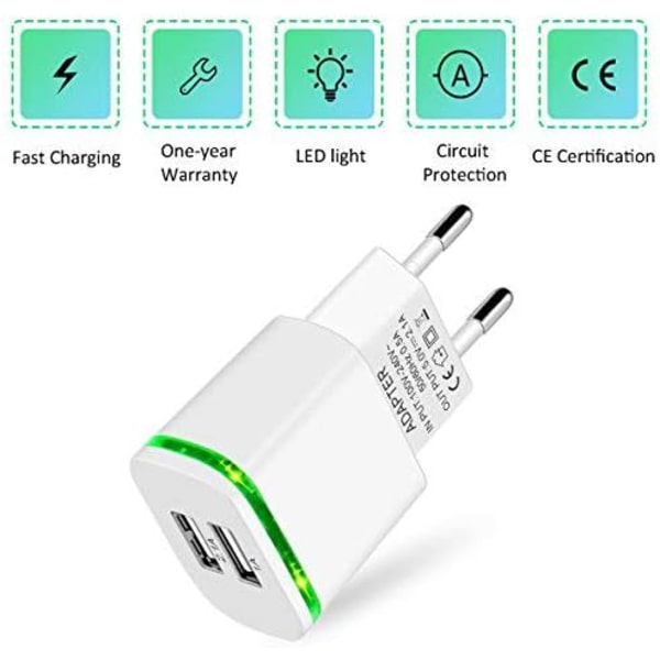 USB power , 2-pakkaus 2.1A 5V 2-porttinen universal LED - valaisin iPhone 11 XR X XS Max 8 7 6 6S Plus 5S, Samsung Galaxy/Note.