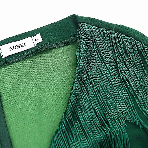 Aomei Kvinnor Se Through V-hals Långärmad Fringe Midi-klänning Grön M