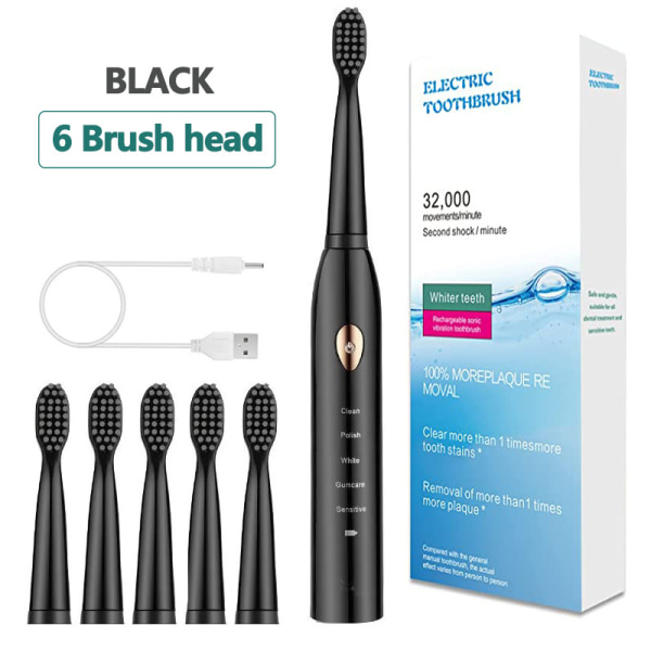 6-Brush Sonic elektrisk tandborst 5 hastigheter USB uppladdningsbar Svart svart 6 borsthuvuden