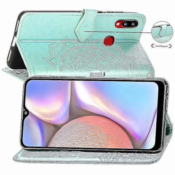 Samsung Galaxy A10s Case Läder Cover Emboss Mandala Magnetic Flip Protection Stötsäker - Grön